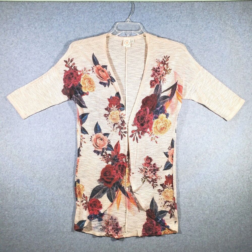 Live In The Moment Floral Cardigan Open Front Lightweight Boho Knit Cream Sz S